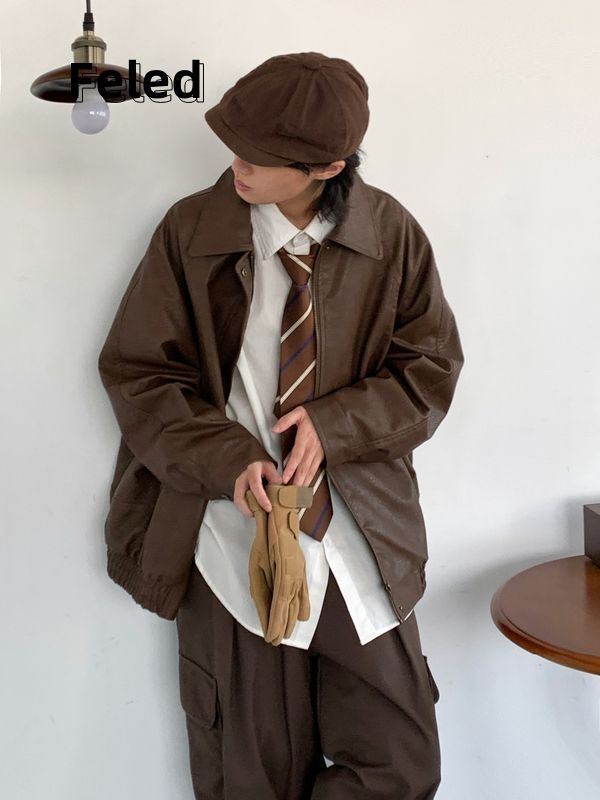 Feila Denton Japanese retro old aviator pu leather lapel workwear men's and women's jacket loose coat