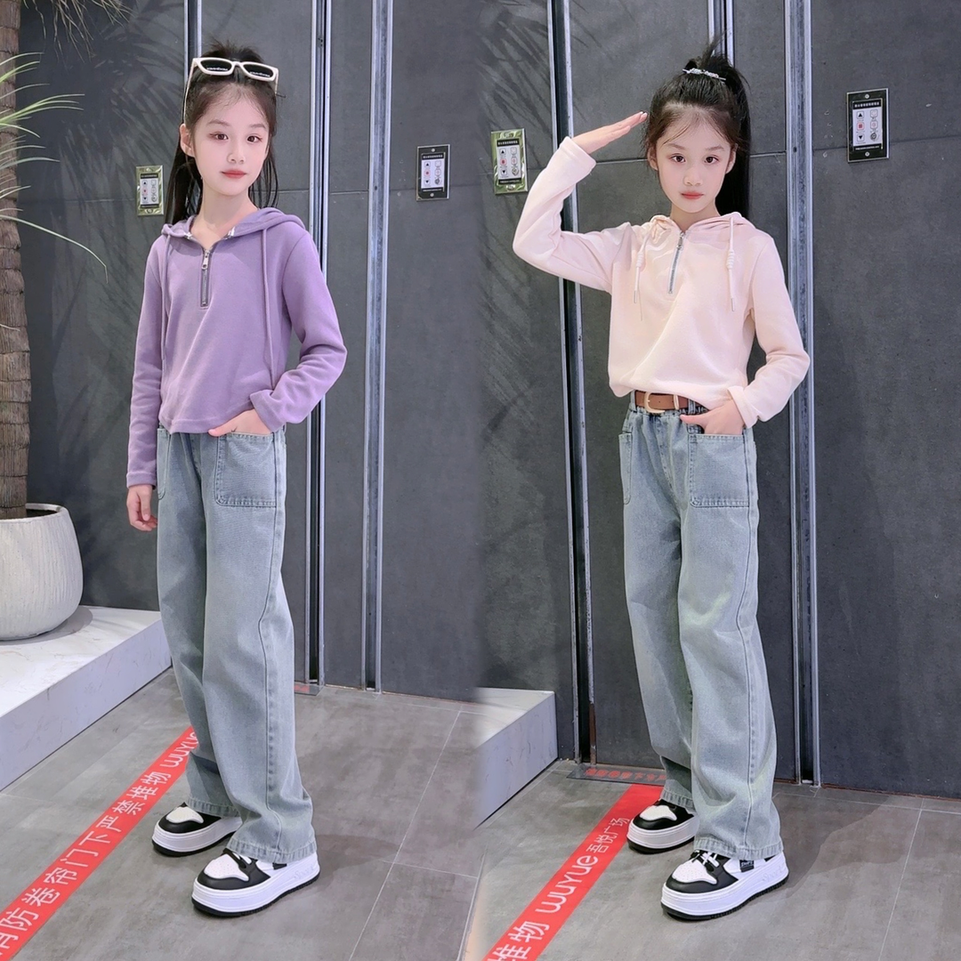 女童連帽半拉鏈長袖上衣秋款韓版顯瘦時尚牛仔闊腿褲套裝兒童百搭