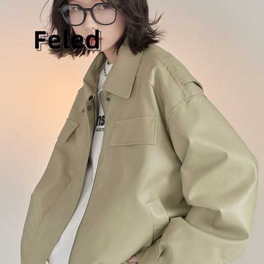 Feira Denton Solid Color Lapel Leather Jacket Women's Early Autumn 2023 New Loose Top Men's and Women's Jacket Jacket