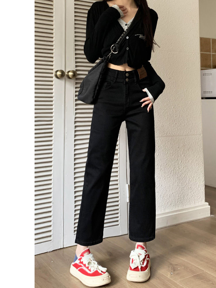 YSYOURS黑色chic直筒牛仔褲女春秋顯瘦小個子高腰九分煙管褲子潮