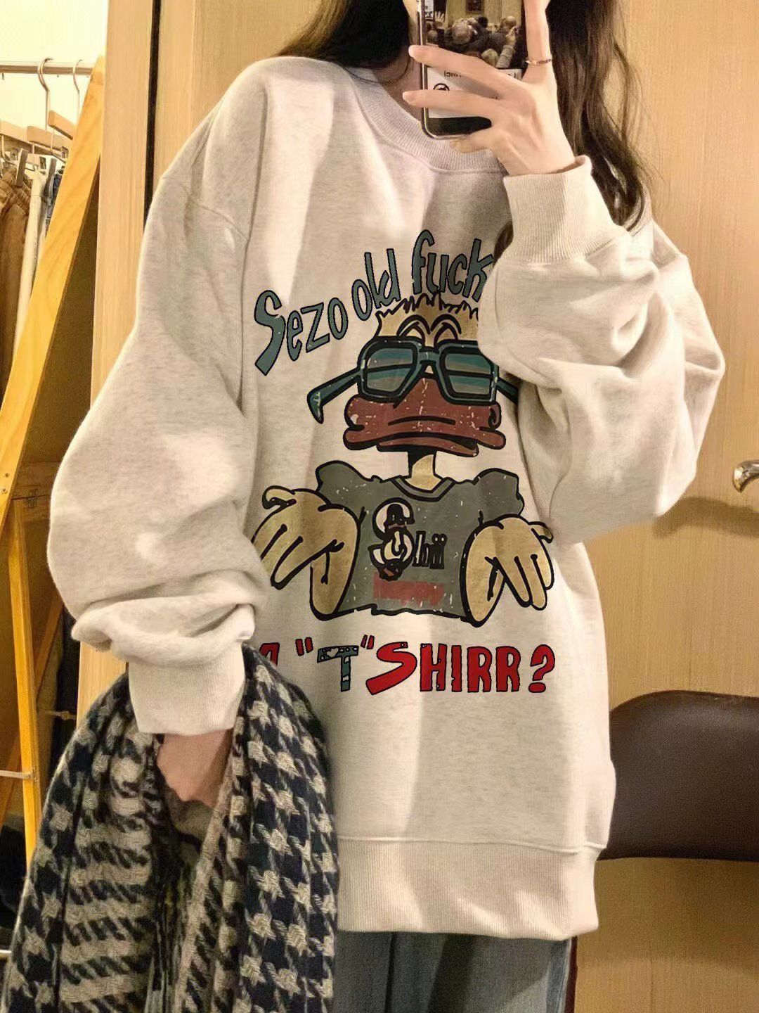100%紡棉潮牌百搭灰色圓領衛衣女歐美高街寬鬆上衣潮ins小眾設計