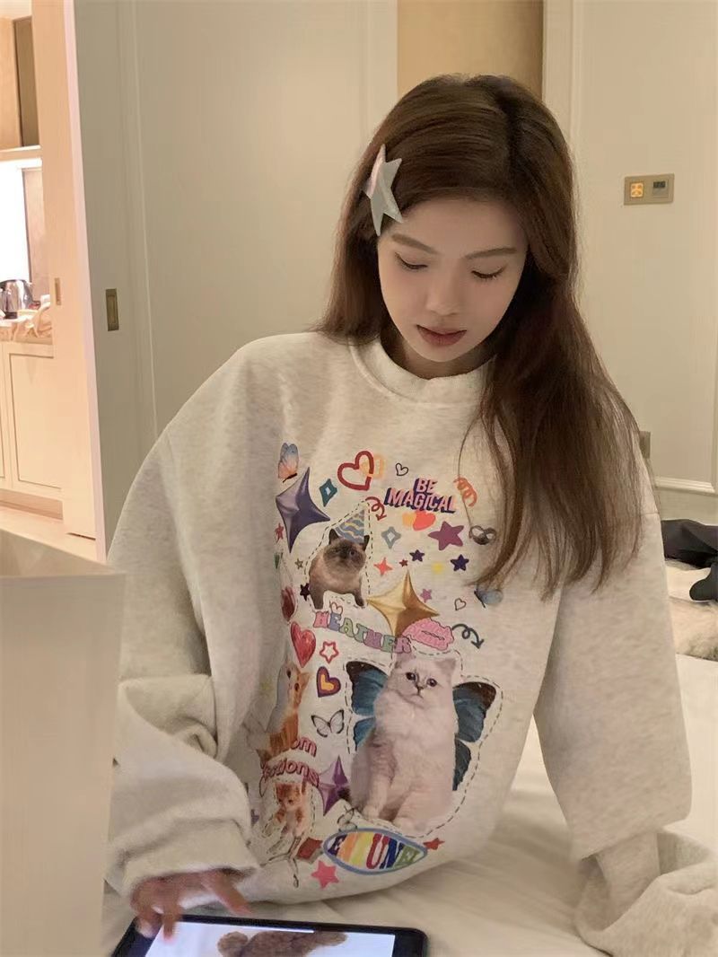 100%紡棉灰色圓領衛衣女歐美高街寬鬆休閒百搭上衣潮ins小眾設計