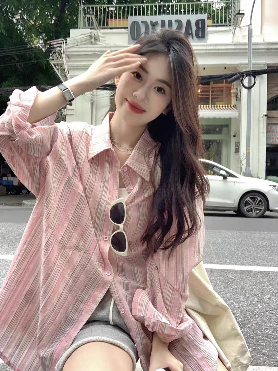 CONGRAZIO法式休閒粉色條紋襯衫女秋設計感小眾襯衣別致甜美上衣