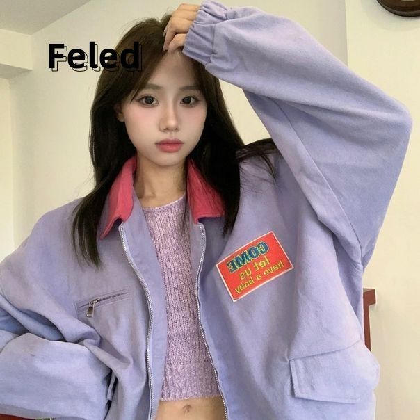 飛拉丹頓美式復古翻領夾克外套男女早秋季寬鬆休閒情侶棒球服