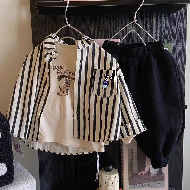 韩国洋气童装儿童2023秋装新款男童长袖衬衫宝宝时尚简约条纹上衣