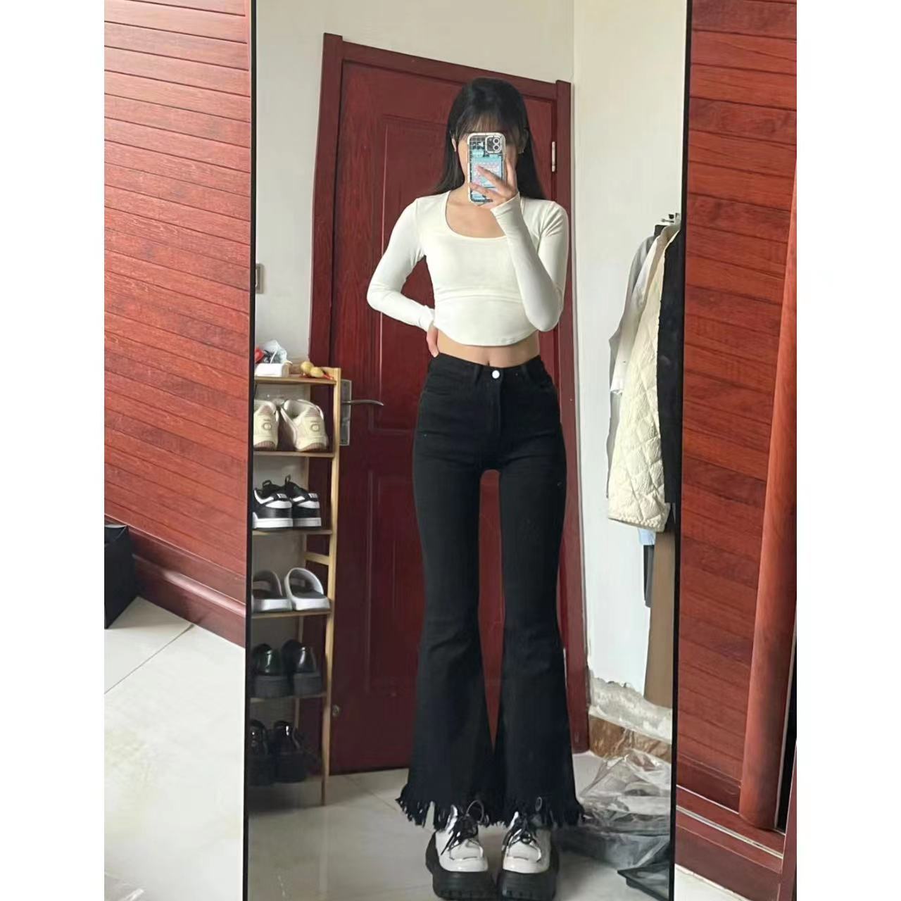 毛邊微喇叭牛仔褲女流蘇秋冬季顯瘦拖地長褲百搭水洗美式街頭氣質