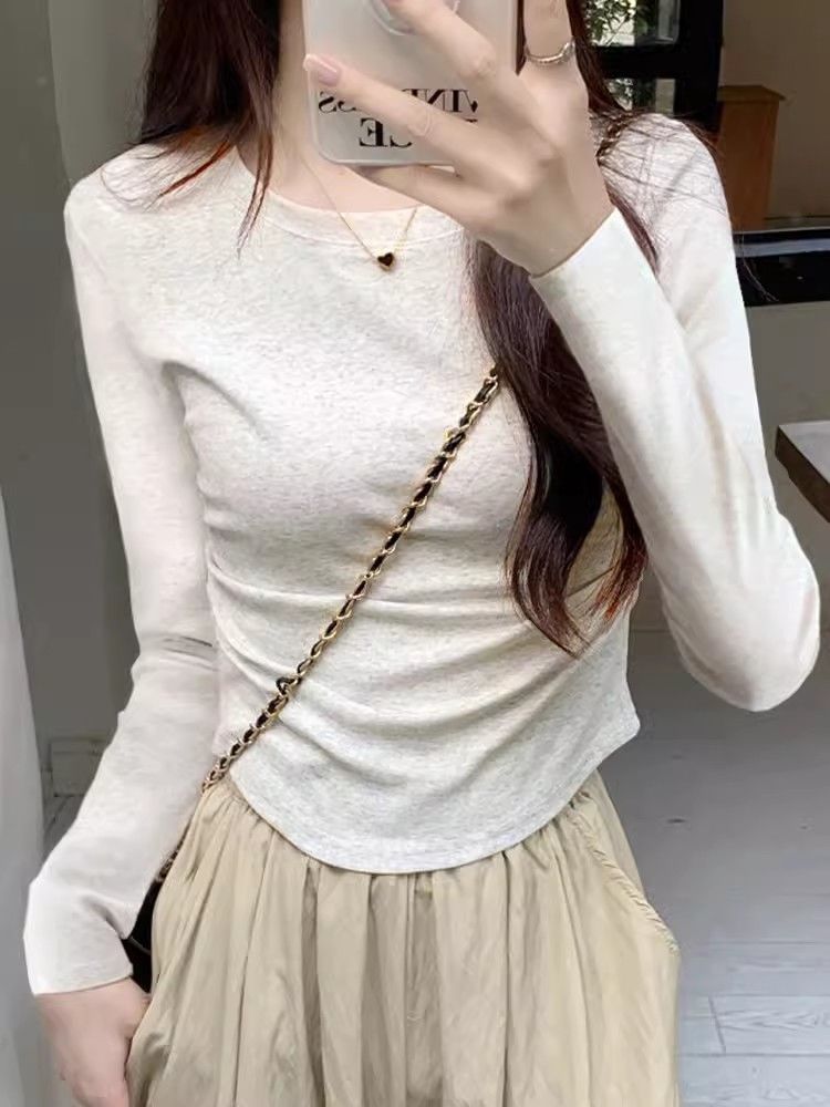 Pure cotton American-style right shoulder long-sleeved T-shirt for women in autumn with irregular curved pleated tight-fitting bottoming short top