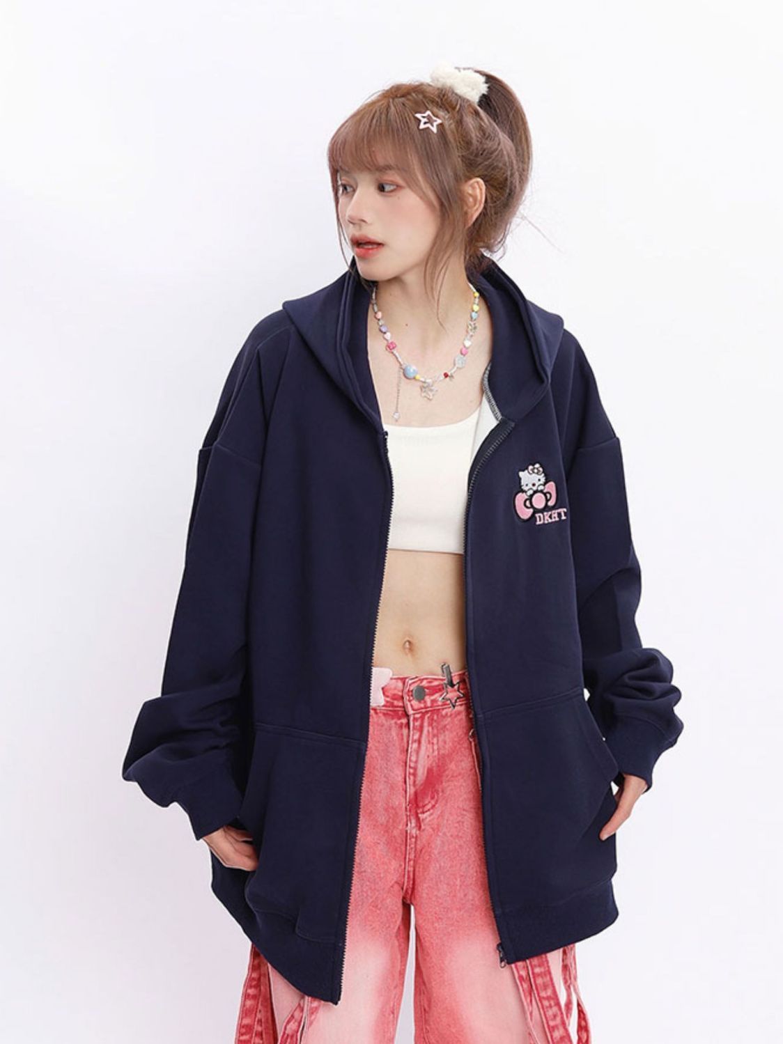 Japanese cute cartoon Hello Kitty cardigan zipper hooded sweatshirt for women in spring, autumn and winter plus velvet loose lazy style jacket