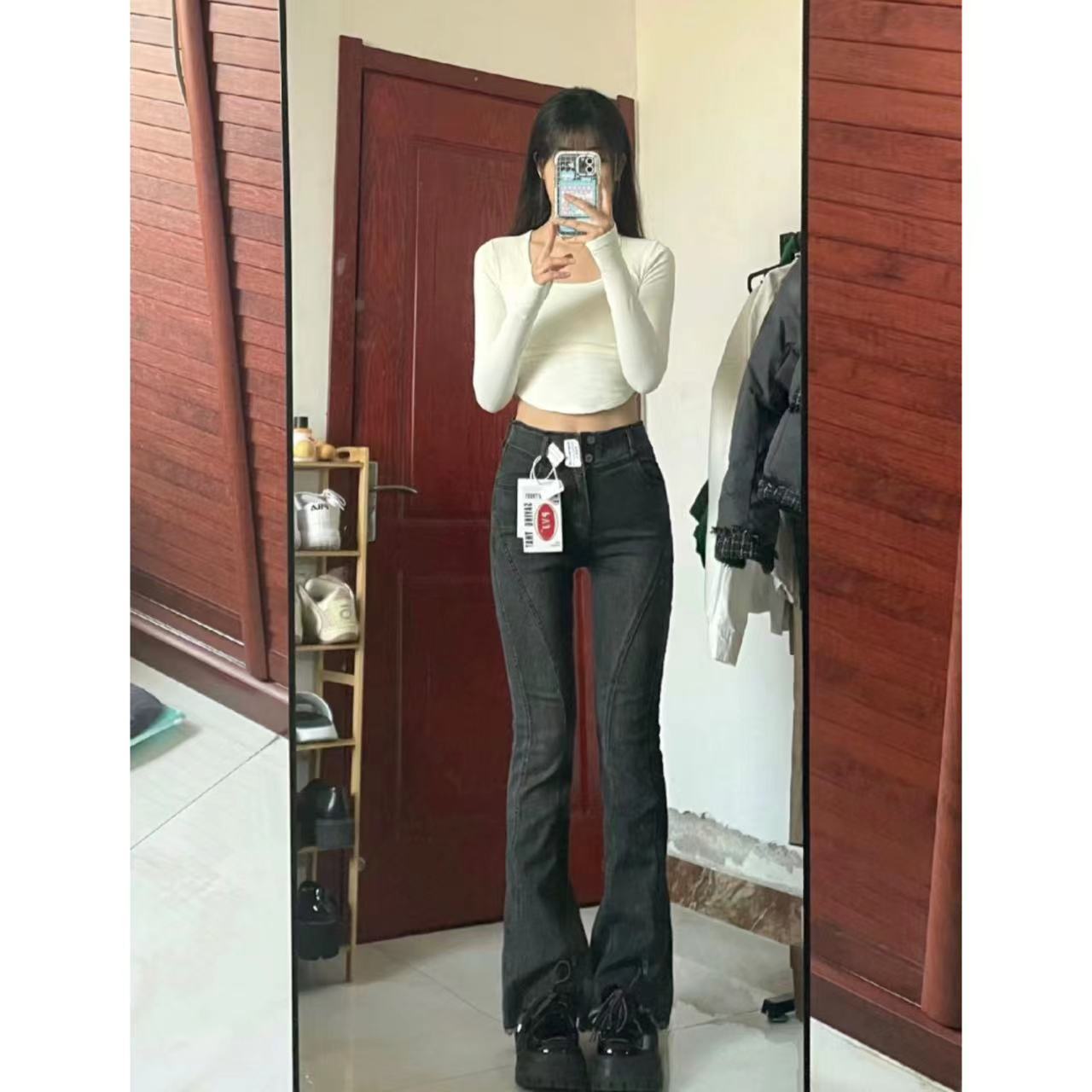 牛仔褲女美式復古微喇叭不規則毛邊顯瘦彈力拖地長褲秋冬季水洗潮