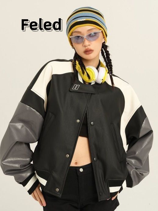 Feila Denton American retro hiphop contrasting color motorcycle baseball uniform men's and women's jacket short jacket