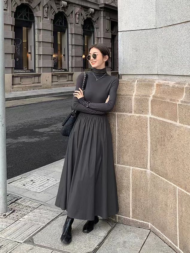 High-end Hepburn style dress for women  spring and autumn new Korean style slimming knee-high bottoming with long skirt