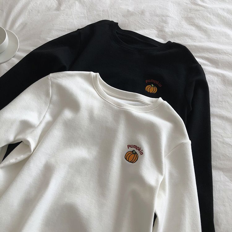 德絨刺繡白色磨毛保暖長袖t恤女 秋冬加厚內搭寬鬆圓領打底衫上衣