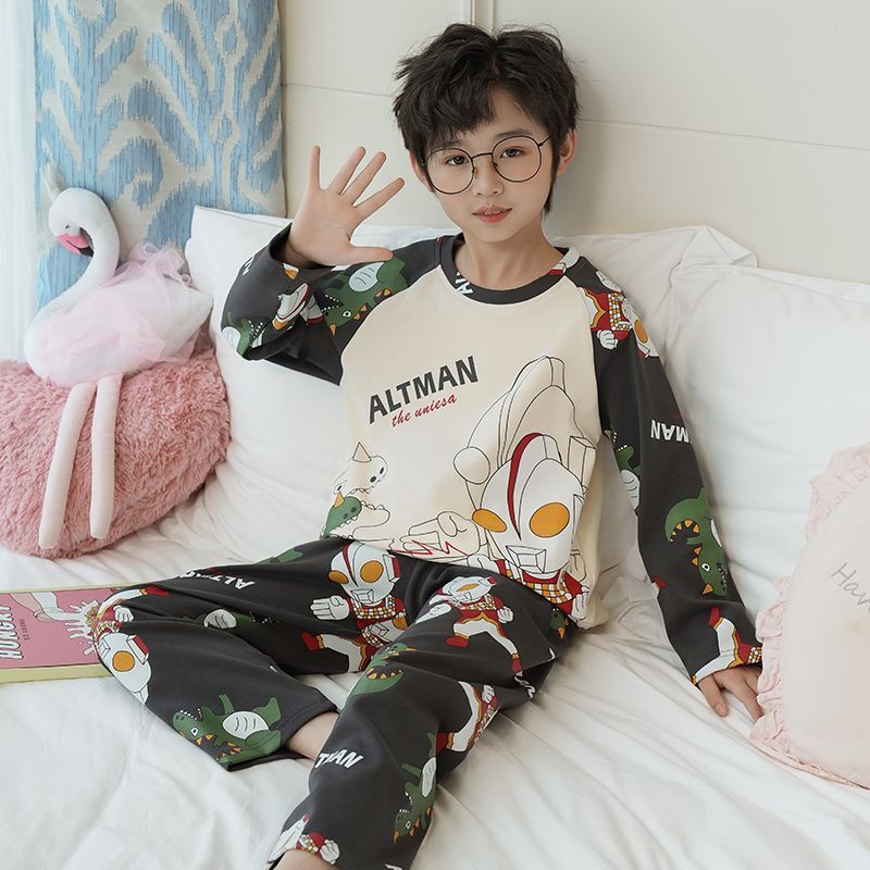 男童睡衣春秋純棉卡通長袖兒童中大童小男孩奧特曼寬鬆家居服套裝