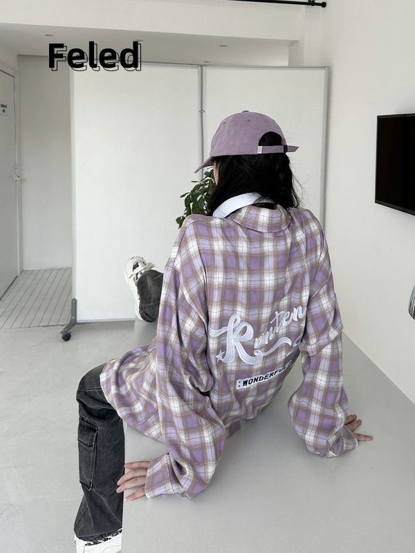 飛拉丹頓早秋新款百搭小清新格子襯衫情侶裝長袖bf風寬鬆潮上衣