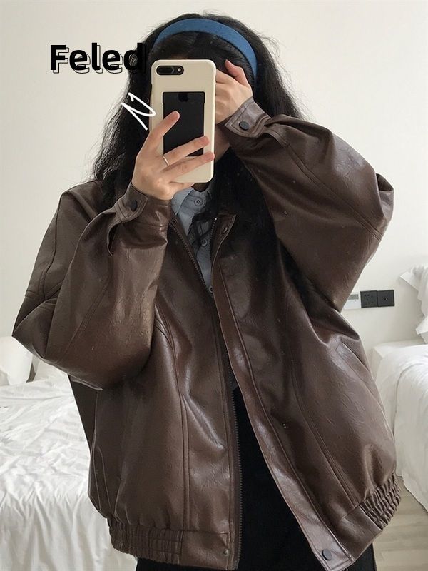 Feira Denton retro brown leather jacket for men and women 2023 early autumn new loose leather jacket motorcycle jacket