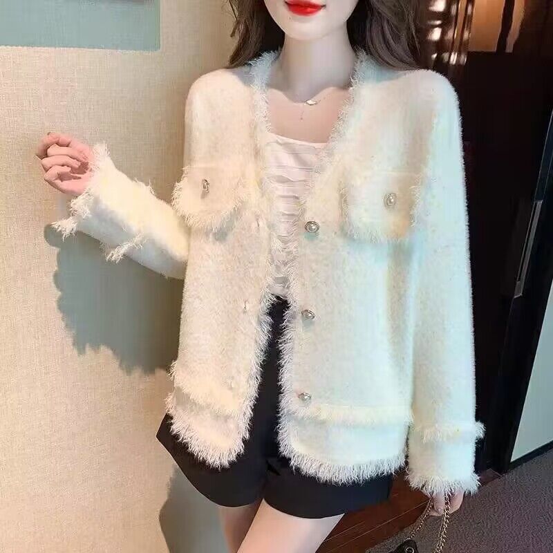 小香風毛衣外套女V領新款秋冬季設計感流蘇高級感針織開衫上衣