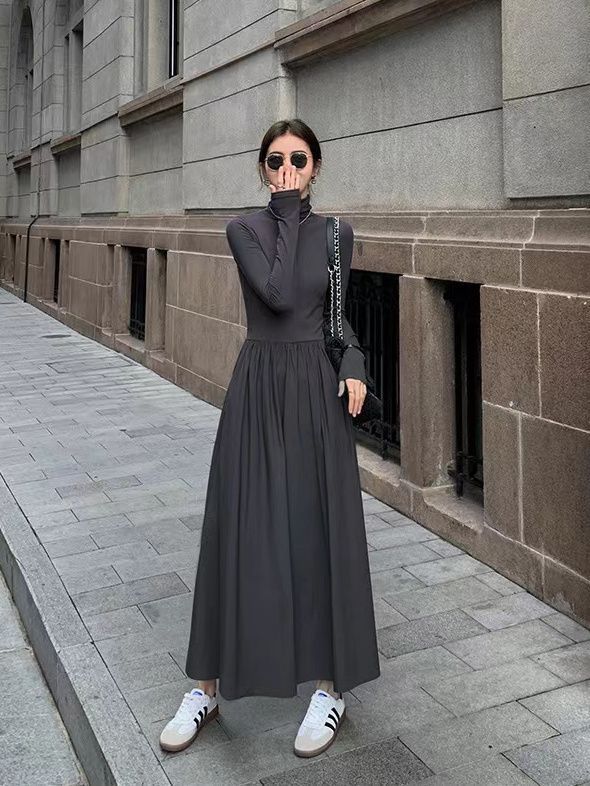 High-end Hepburn style dress for women  spring and autumn new Korean style slimming knee-high bottoming with long skirt