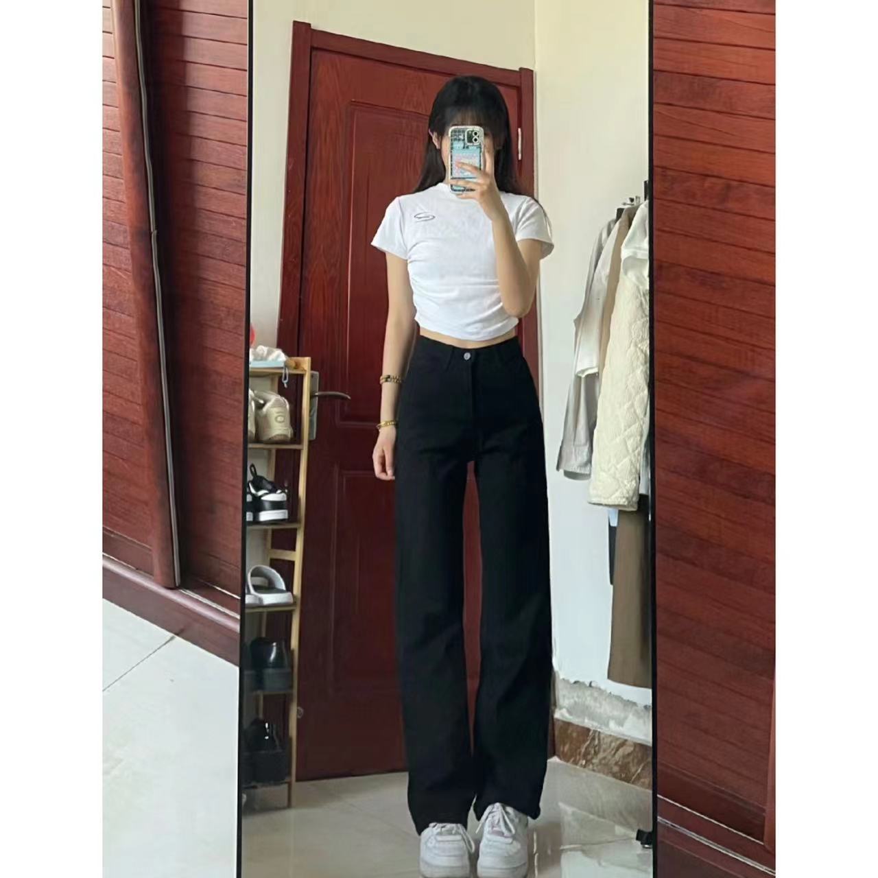 黑色寬鬆牛仔褲女拖地加長褲遮肉百搭水洗辣妹高街顯瘦簡約直筒褲