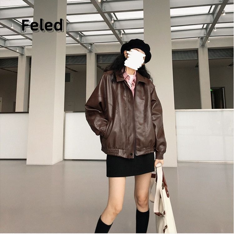 Feila Denton retro brown leather jacket for men and women 2023 new loose leather jacket handsome motorcycle jacket