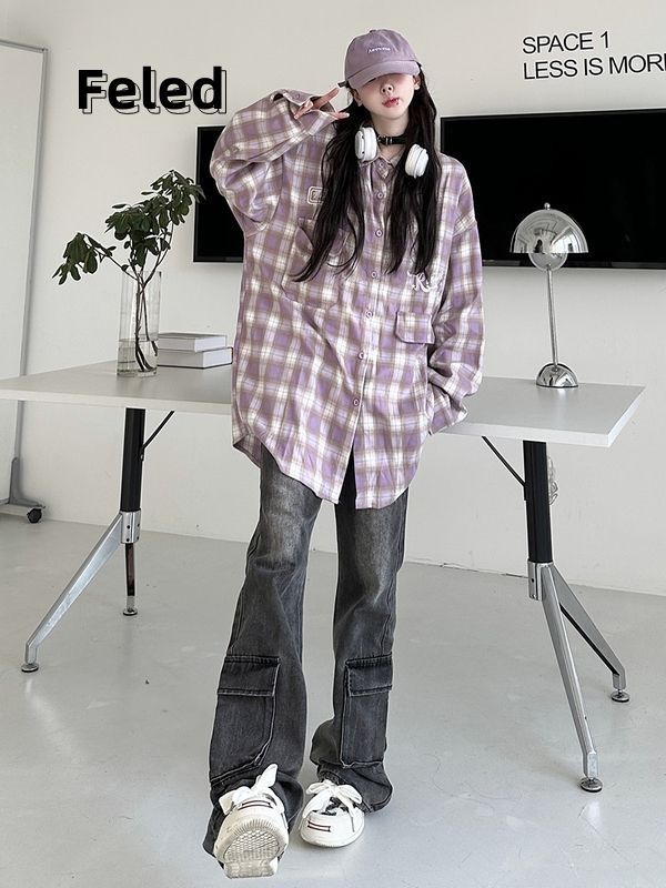 飛拉丹頓早秋新款粉格子襯衫美式復古長袖男女寬鬆立領百搭襯衫