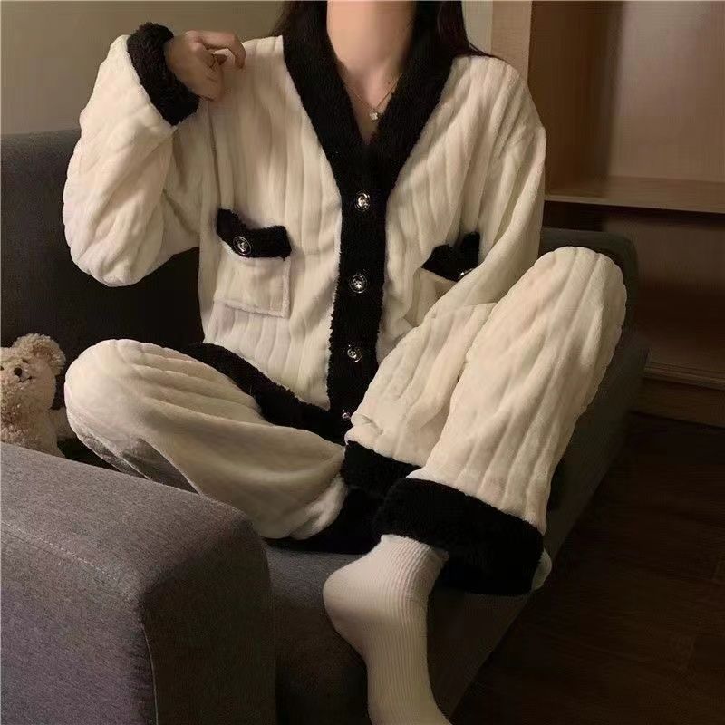 新款睡衣女秋冬季加絨加厚珊瑚絨ins風高顏值保暖可外穿洋氣套裝