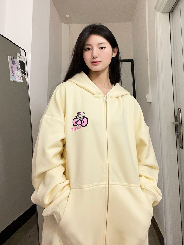 Japanese cute cartoon Hello Kitty cardigan zipper hooded sweatshirt for women in spring, autumn and winter plus velvet loose lazy style jacket