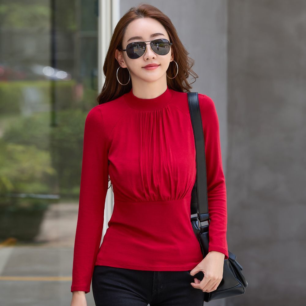 半高領褶皺打底衫女2023春秋冬修身內搭秋衣洋氣小衫長袖t恤上衣