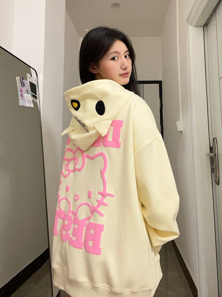 Japanese cute cartoon Hello Kitty cardigan zipper hooded sweatshirt for women in spring, autumn and winter plus velvet loose lazy style jacket