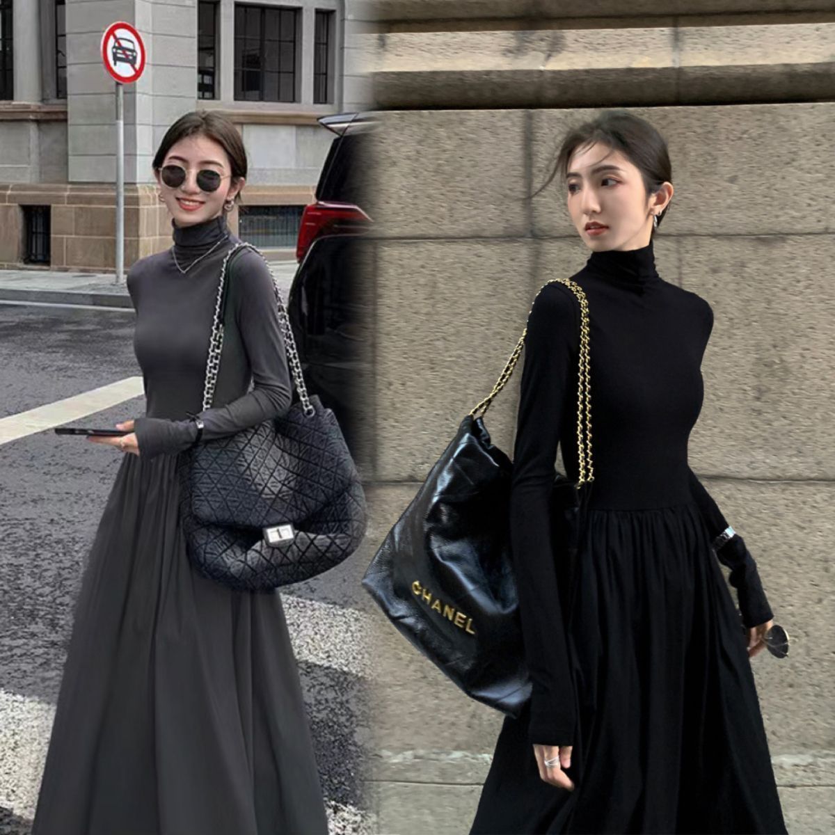 High-end Hepburn style dress for women  spring and autumn new Korean style slimming knee-high bottoming with long skirt