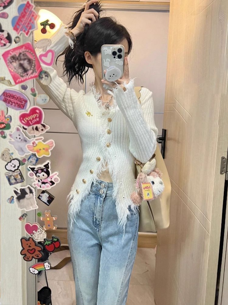 流蘇邊白色開衫女外搭修身秋冬季新款純欲設計感小眾長袖針織外套