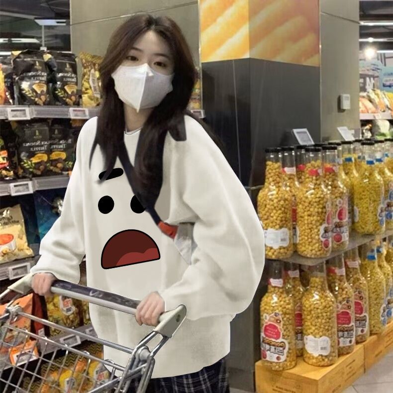 100%紡棉白色圓領衛衣女歐美高街寬鬆上衣潮ins趣味表情小眾設計