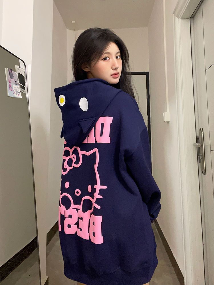 Japanese cute cartoon Hello Kitty cardigan zipper hooded sweatshirt for women in spring, autumn and winter plus velvet loose lazy style jacket