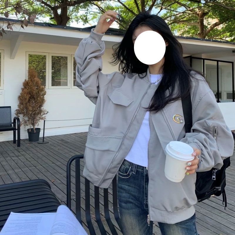 ins風春秋新款復古機能工裝風解構金屬拼接拉鏈寬鬆夾克外套潮流