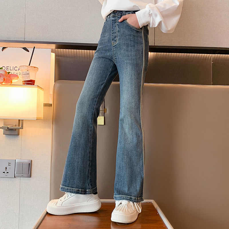 女童褲子秋季2023新款洋氣兒童牛仔喇叭褲中大童時髦女孩修身長褲