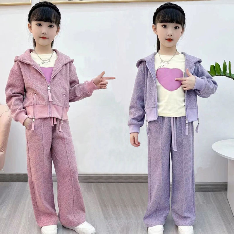 Girls' Autumn Clothes Suit, Children's Korean Style Fashionable Casual Internet Celebrity Hooded Sweatshirt Sports Wide Leg Pants Two-piece Set