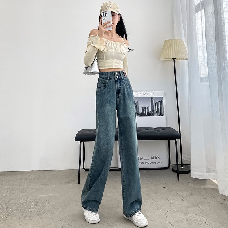 闊腿牛仔褲女2023年寬鬆顯瘦顯高腰雙排扣高腰高闊腿褲子秋季新款