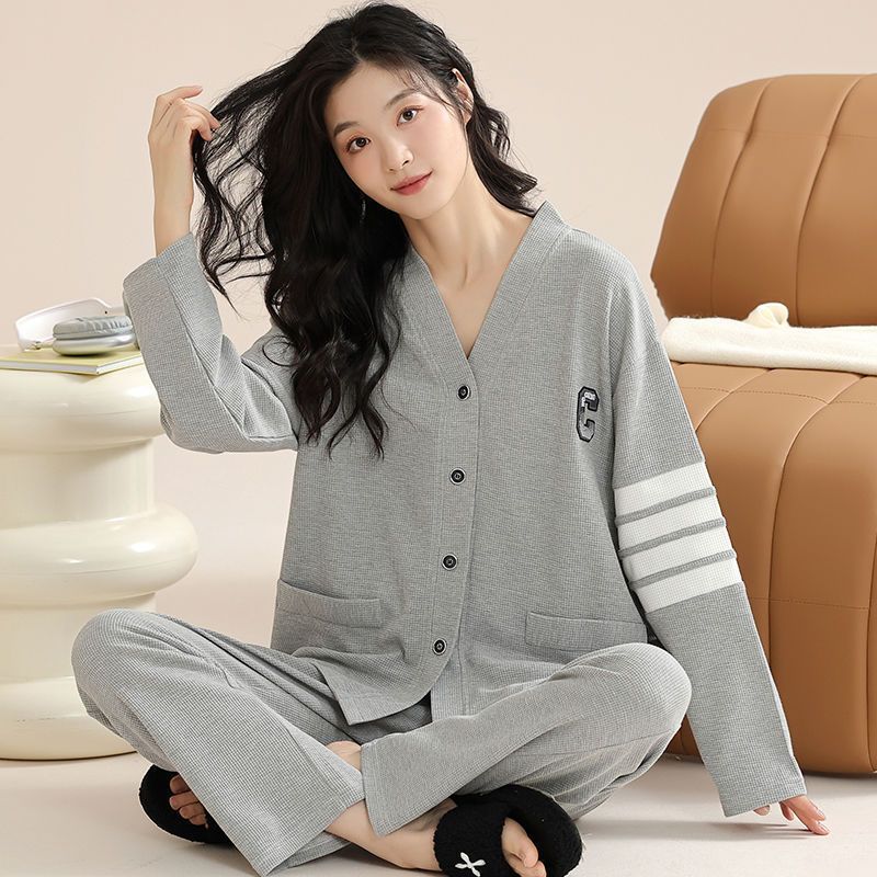 新款睡衣女春秋華夫格長袖套裝冬天簡約運動寬鬆開衫家居服可外穿