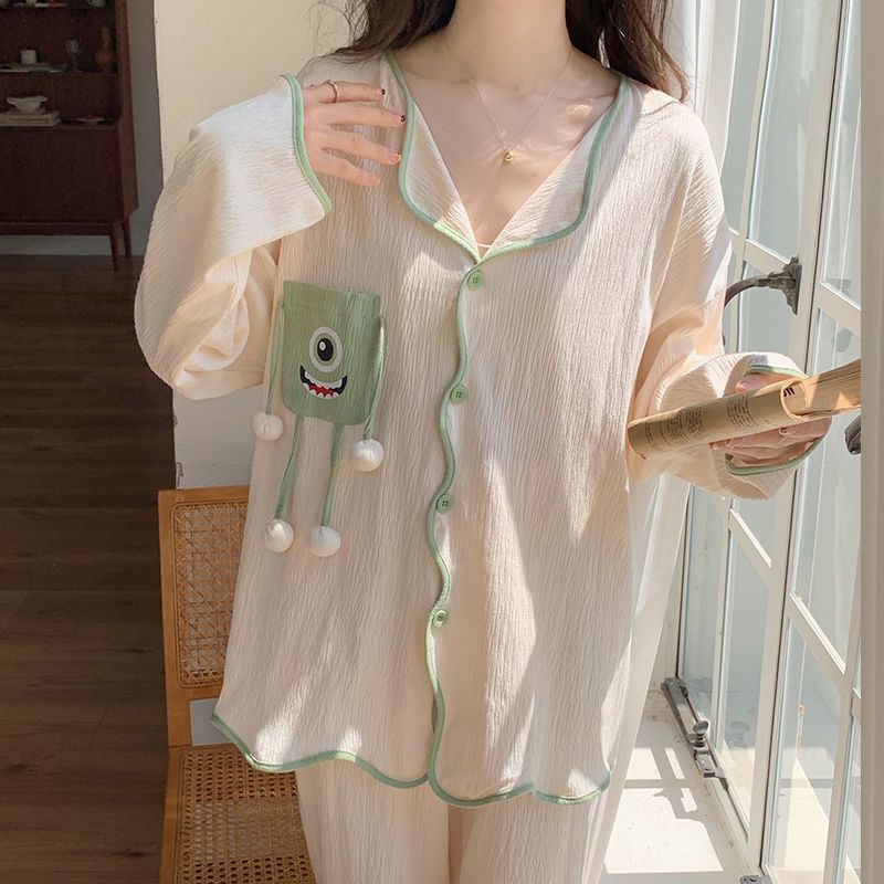 新款卡通睡衣女春秋季長袖開衫學生套裝冬天可外穿高檔網紅家居服