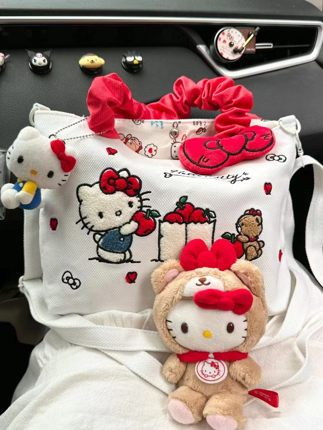 HelloKitty可愛刺繡帆布手提包斜跨單肩包便攜式外出購物袋托特包