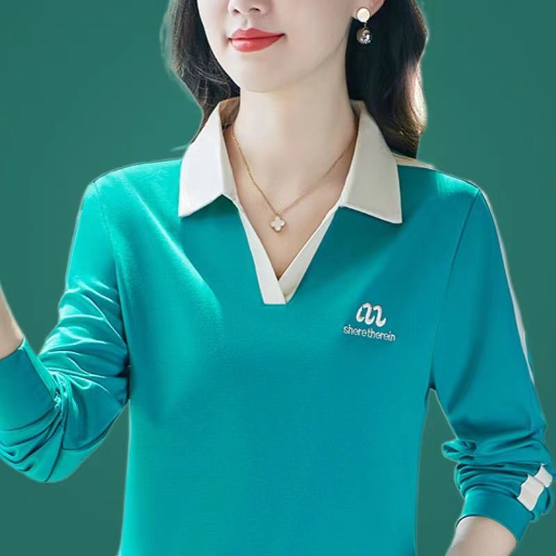 長袖t恤女士時尚上衣中年媽媽春秋季媽媽顯瘦體恤翻領大碼打底衫