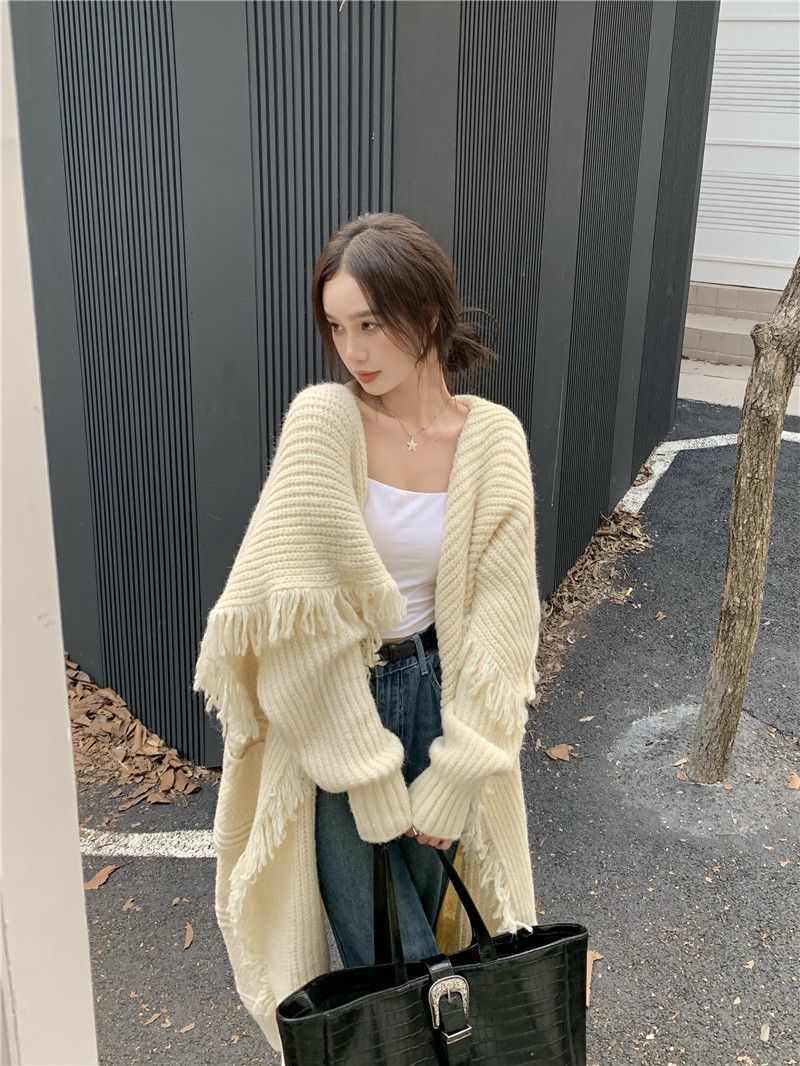 高級感氣質名媛中長款針織開衫女秋冬慵懶風流蘇軟糯毛衣外套上衣