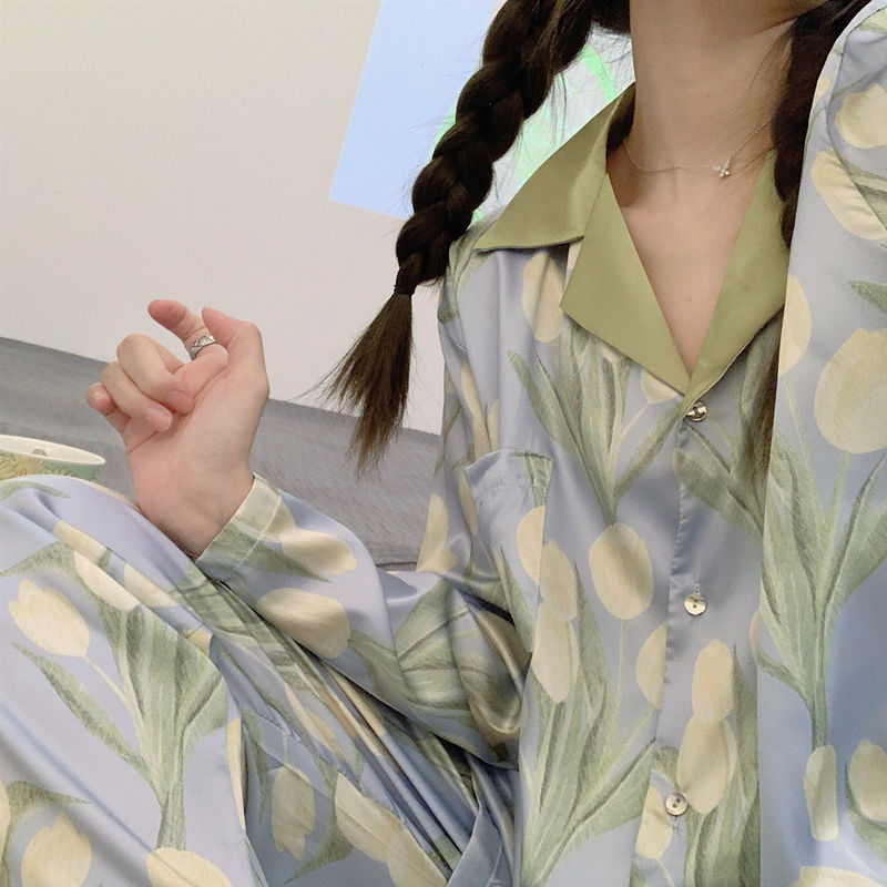 ins甜美鬱金香韓版睡衣女春秋款網紅風爆款長袖少女居家服兩件套