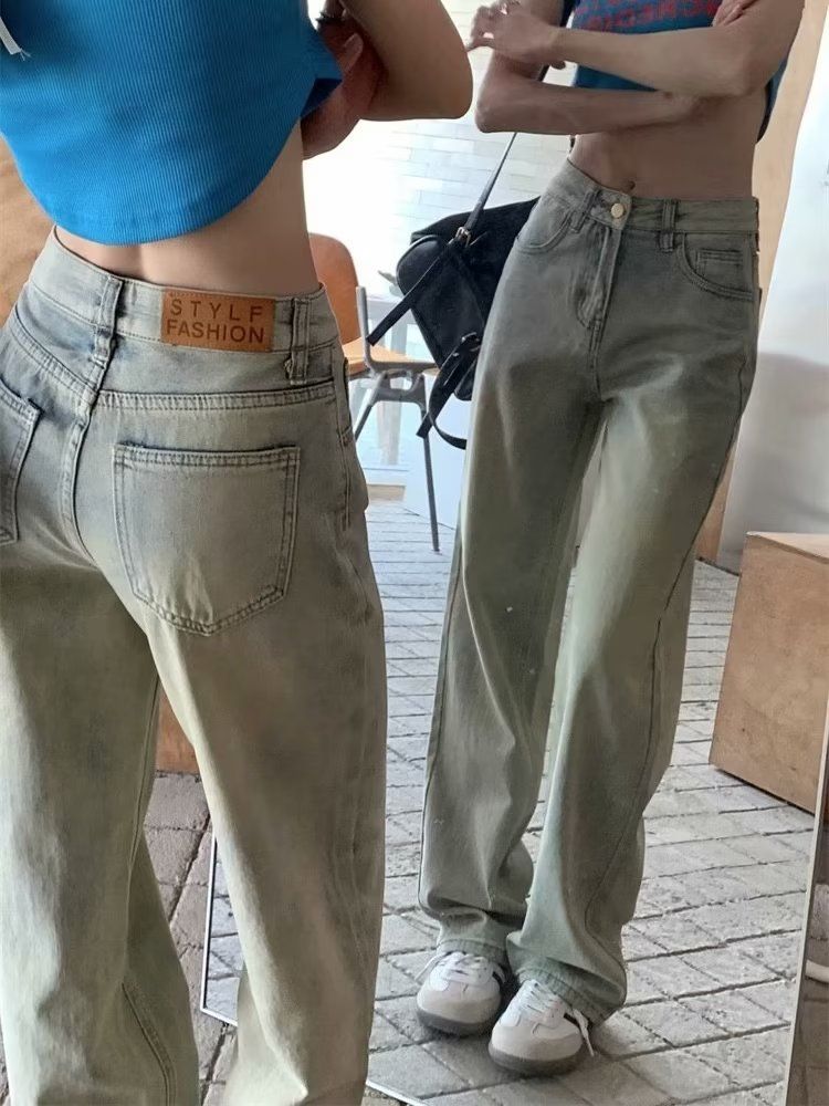 淺色復古直筒牛仔褲女秋季ins潮窄版寬鬆小個子百搭闊腿褲子長褲