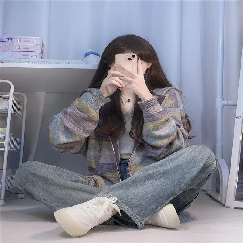 彩虹色開衫毛衣外套女秋冬裝新款寬鬆設計感休閒針織衫上衣