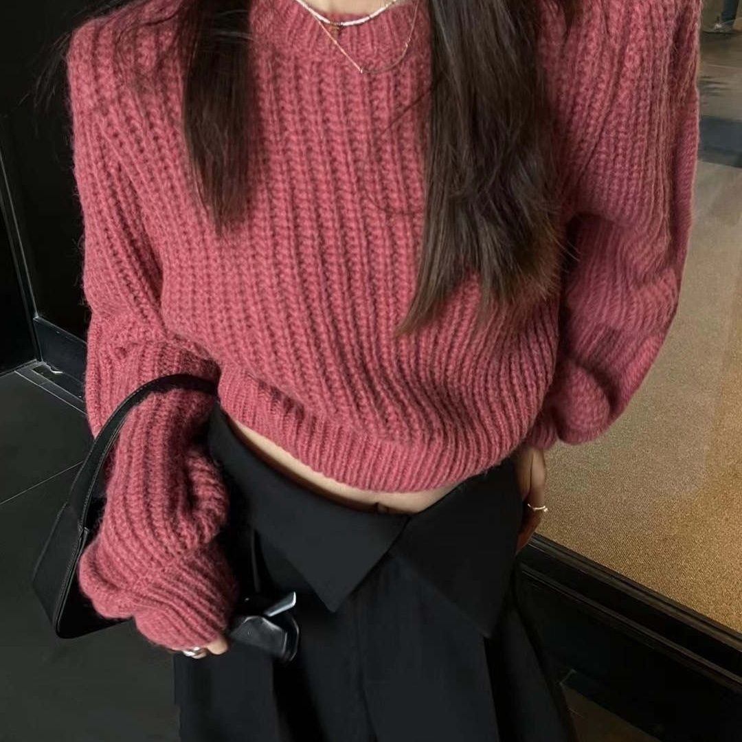 高級感純色毛衣女秋冬短款套頭圓領甜辣針織衫辣妹御姐打底上衣潮