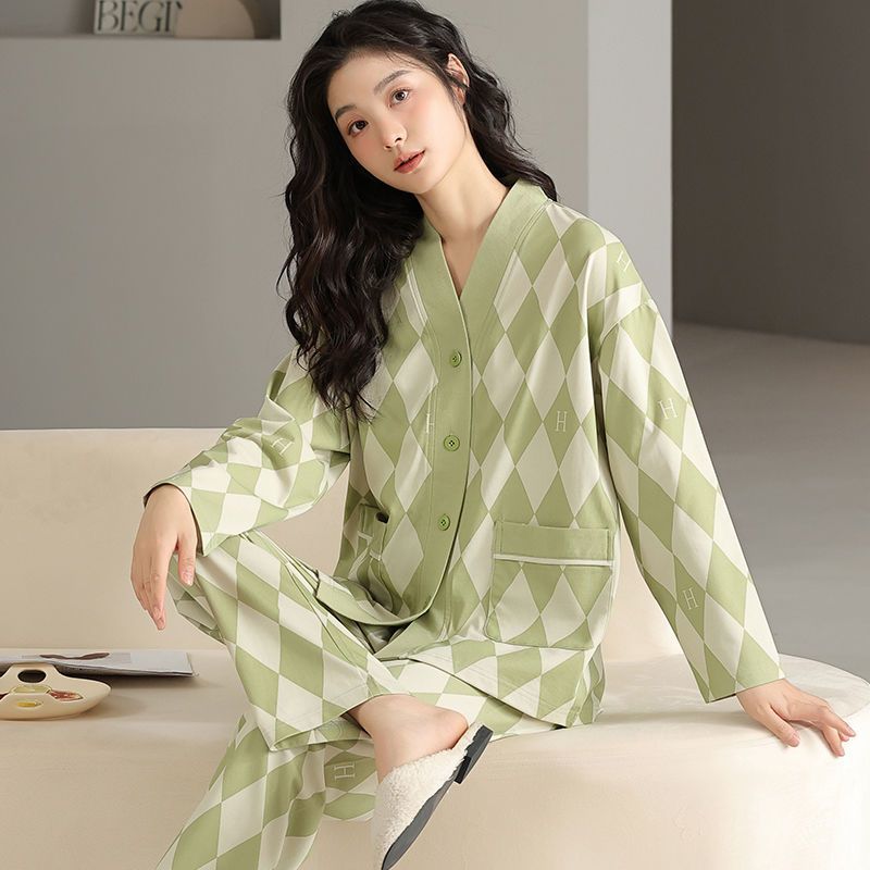 新款棉質睡衣女春秋季長袖開衫套裝寬鬆和服冬天可外穿月子家居服