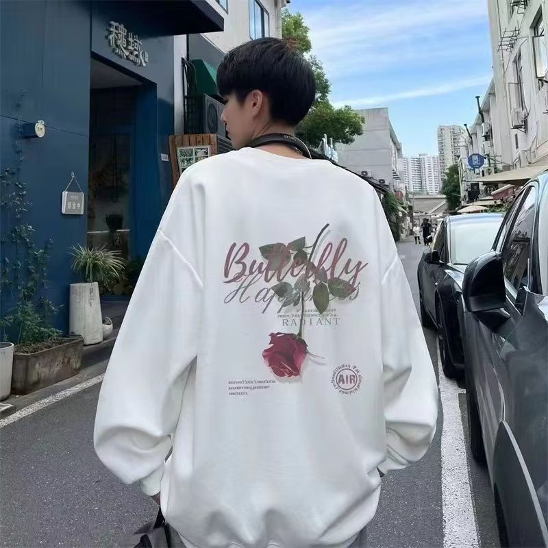 玫瑰印花衛衣男春秋季ins潮流寬鬆大碼長袖t恤學生百搭無帽套頭衫