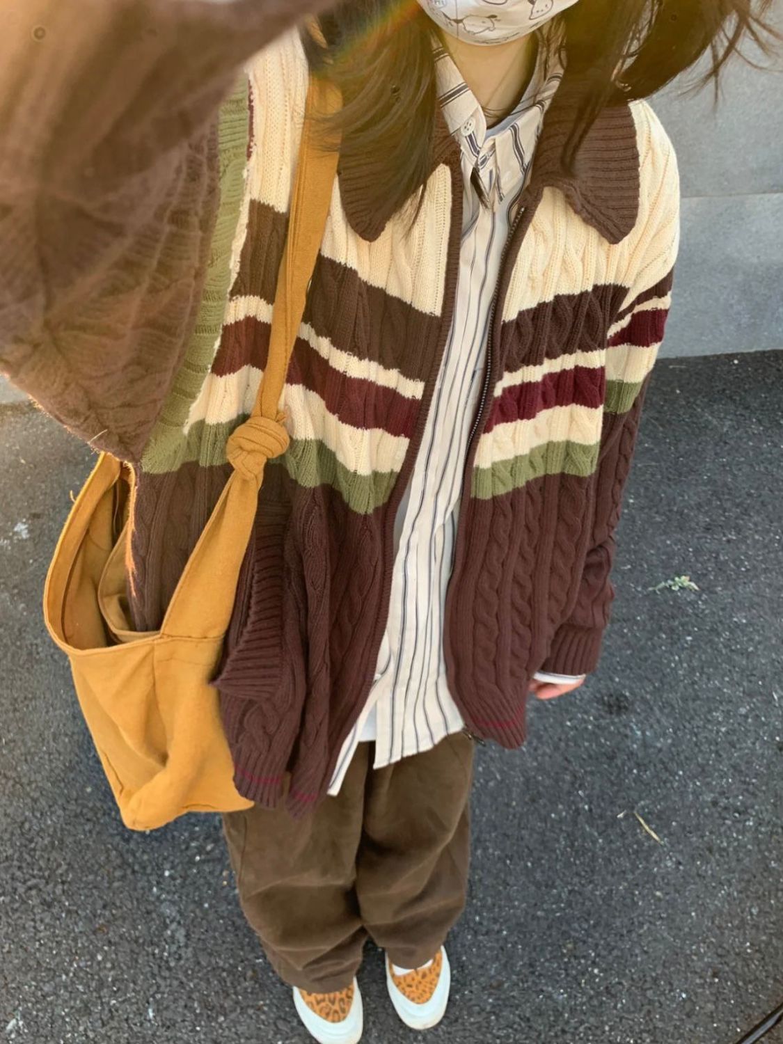 美式復古麻花毛衣女秋冬慵懶風寬鬆開衫條紋撞色雙拉鏈針織衫外套