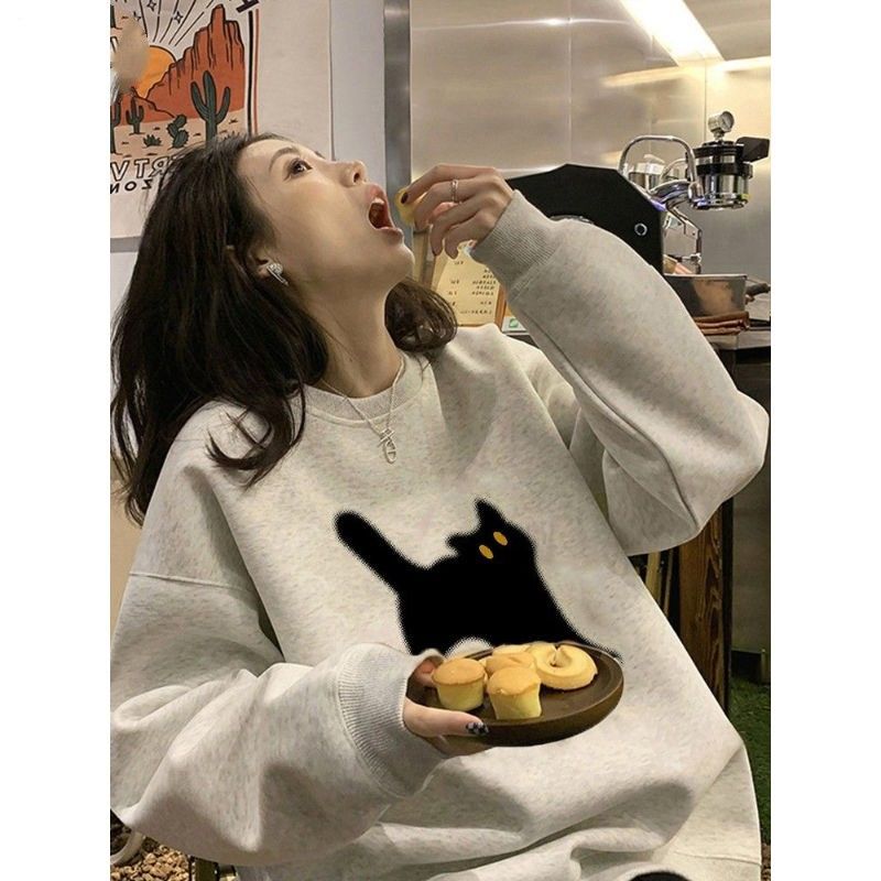 港風chic超好看卡通貓咪衛衣女春秋薄款寬鬆高級感休閒百搭上衣潮