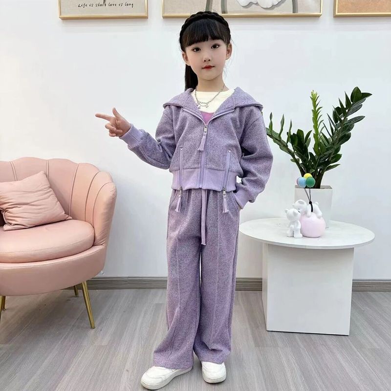 Girls' Autumn Clothes Suit, Children's Korean Style Fashionable Casual Internet Celebrity Hooded Sweatshirt Sports Wide Leg Pants Two-piece Set